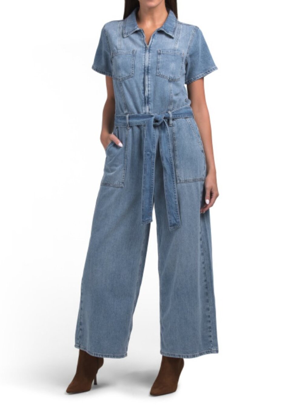 GOOD AMERICAN Linen Blend Fit For Success Lite Denim Cropped Jumpsuit